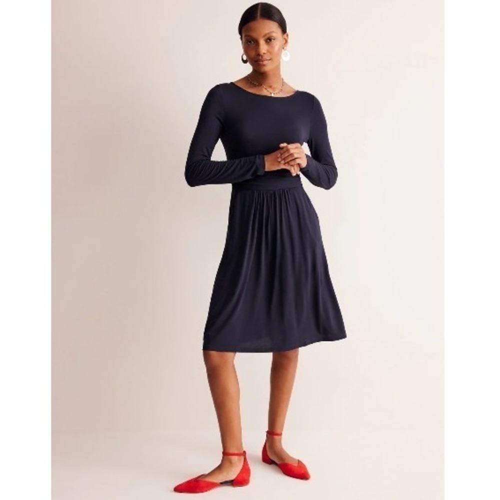 Boden Amelie Dress 2P Long Sleeve Navy Ruched Waist Pockets Stretchy‎ FLAWED